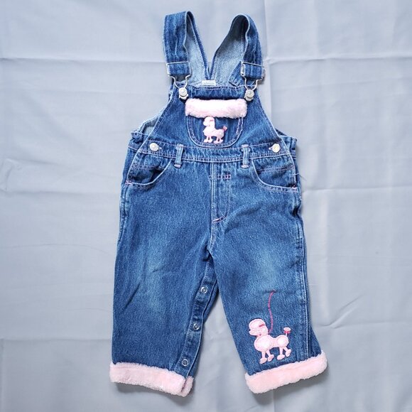 Rare Vintage Y2K Overalls Blue Denim Pink Fur Trim Baby Girls 18 Mo Poodle Dog - Picture 8 of 9